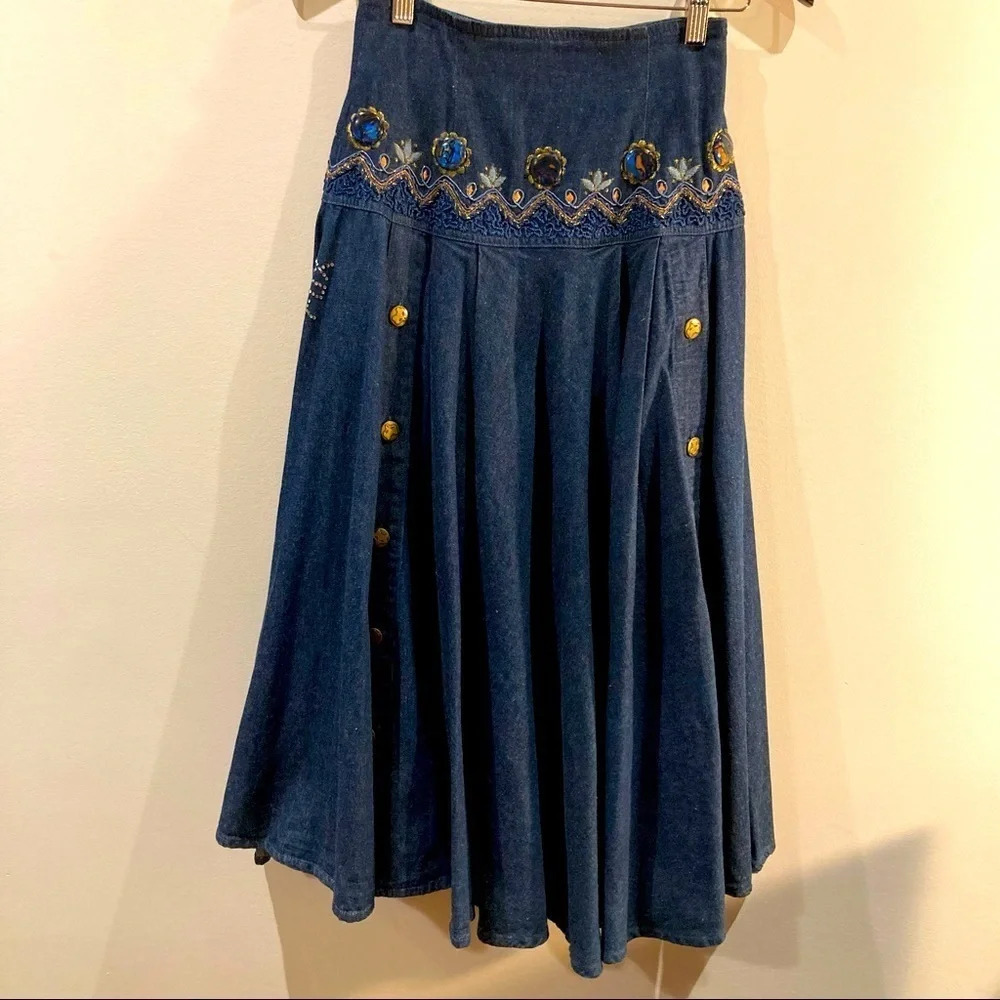 FOX Sz M Bohemian Art to Wear Denim Jeans A-line Full Flare Buttoned Skirt